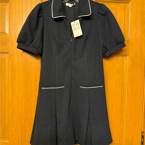 THML Dresses & Skirts - THML navyTextured Short Dress with White Piping